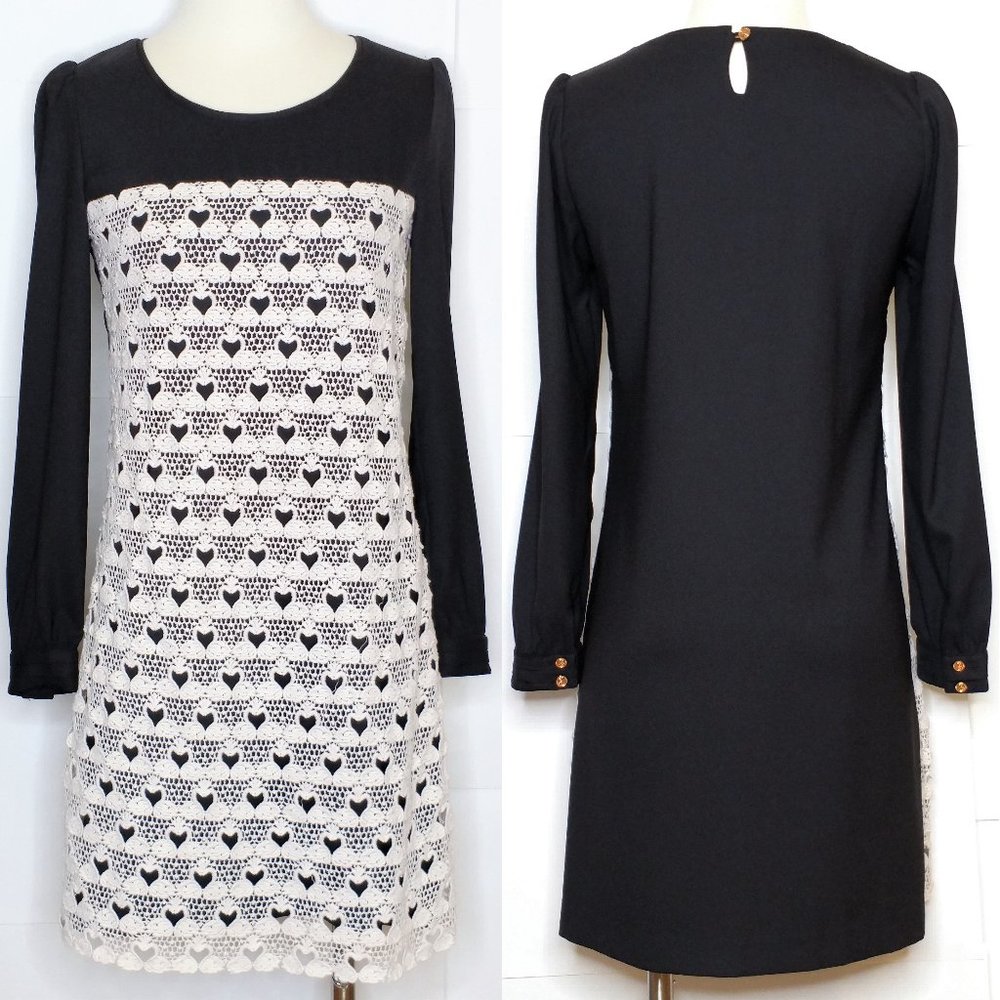 Swans & Hearts Pattern Crochet Lace Overlay Dress S Black White - Picture 1 of 5